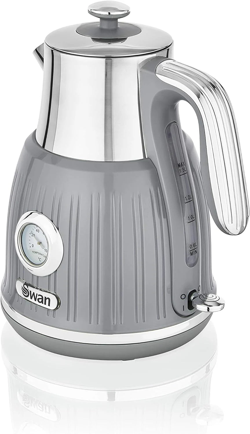 Swan Kettle, 4 Slice, Toaster, Bread Bin, Canisters, Towel Pole Kitchen Set - Grey