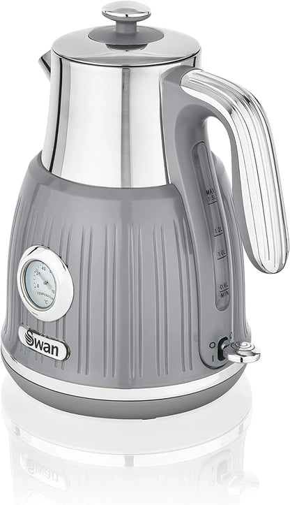 Swan Kettle, 4 Slice, Toaster, Bread Bin, Canisters, Towel Pole Kitchen Set - Grey