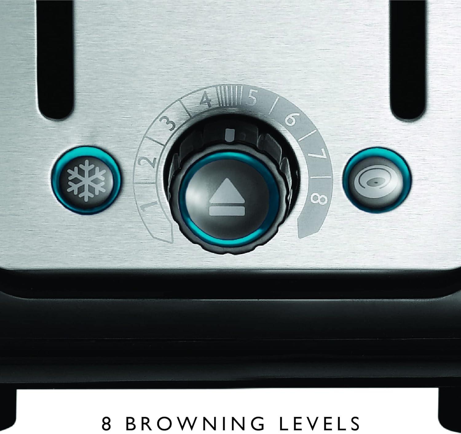 Toaster control dial with blue accents and browning level markings.