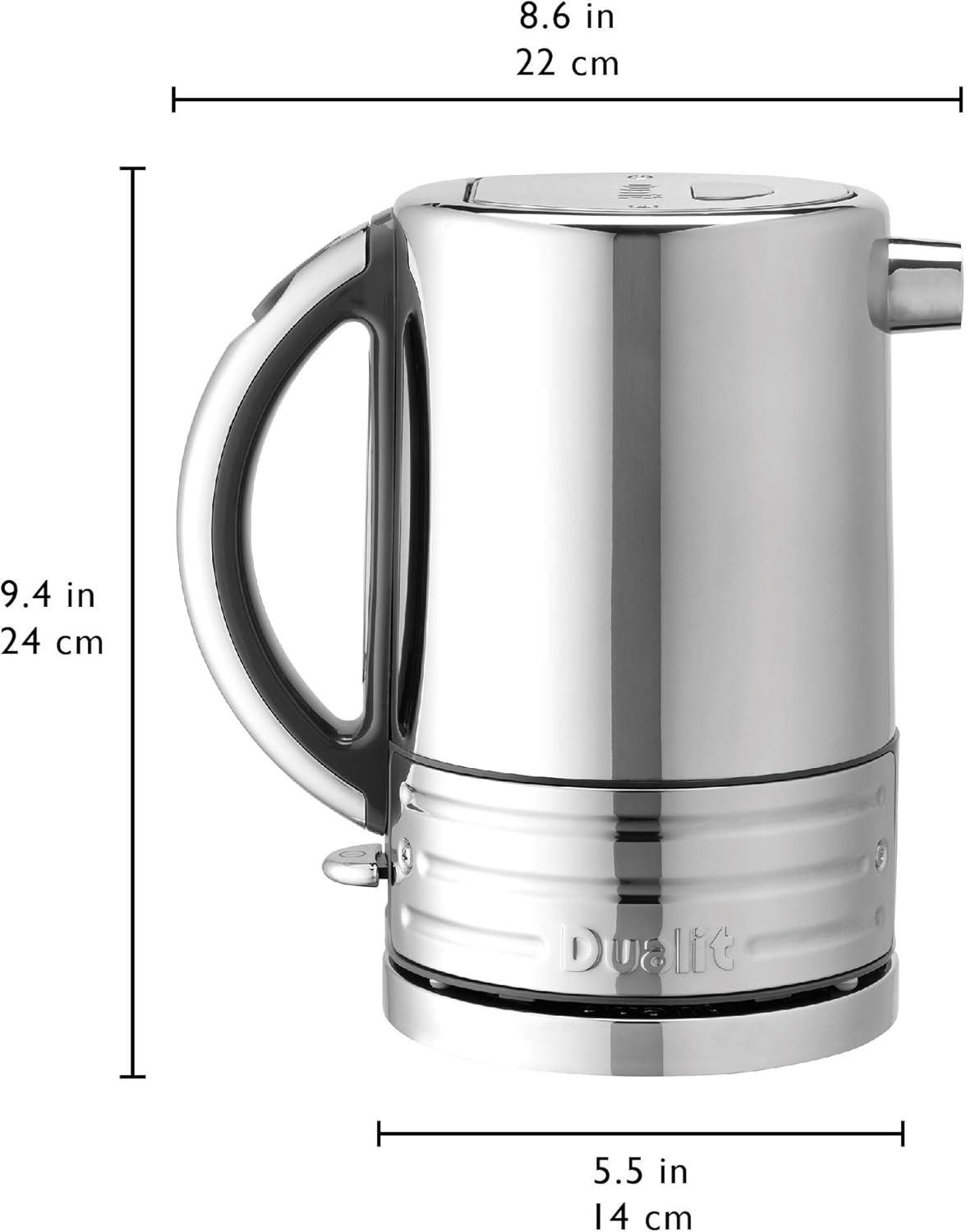 Stainless electric jug kettle with measurements shown, curved handle and spout