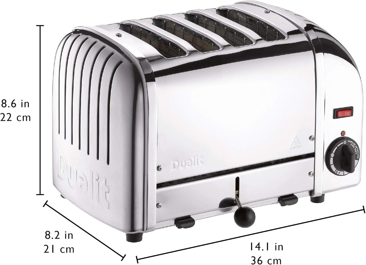 Stainless steel 4-slice toaster with size measurements marked in inches and cm