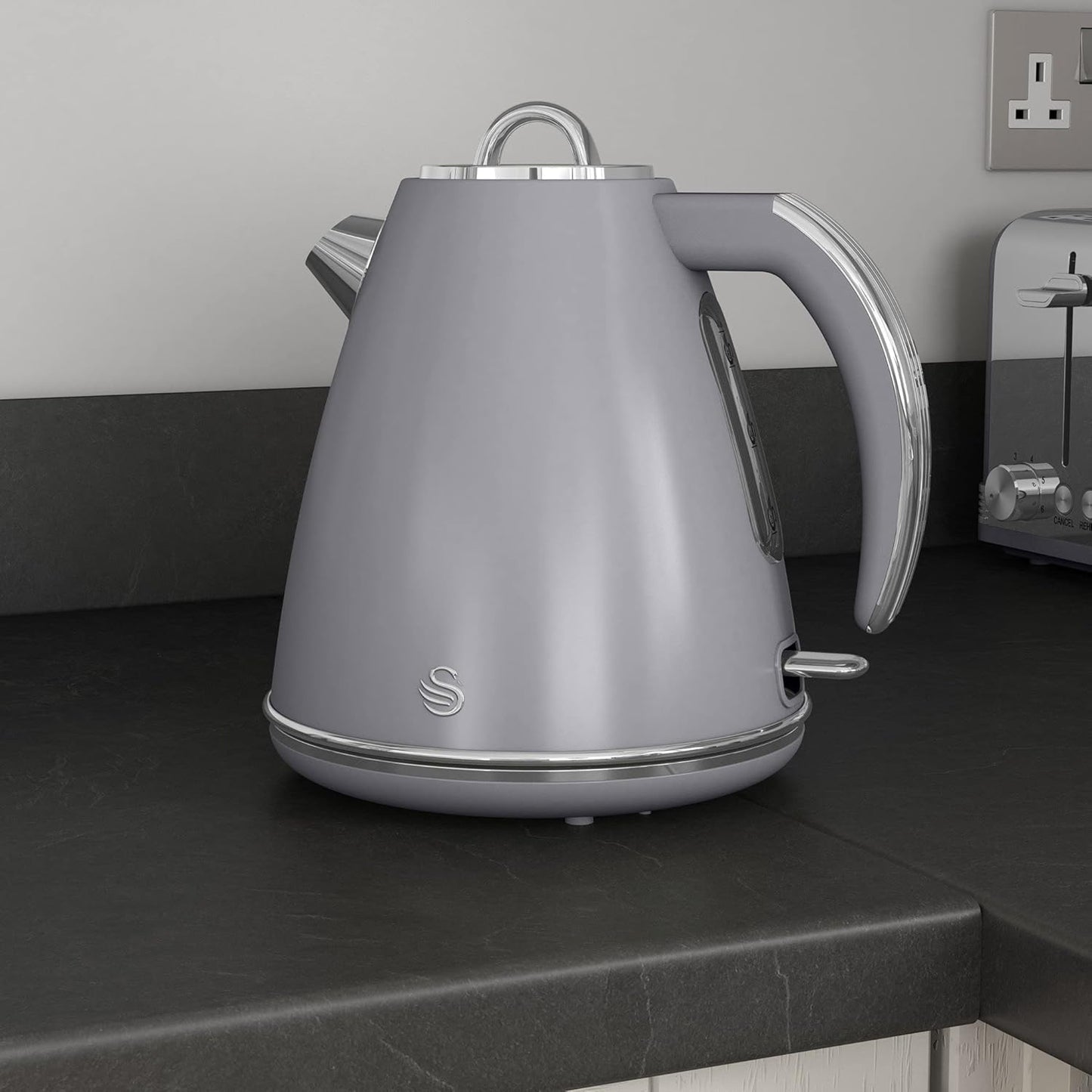 Swan Retro Grey Kettle, 2 Slice Toaster, Bread Bin & Canisters Kitchen Set