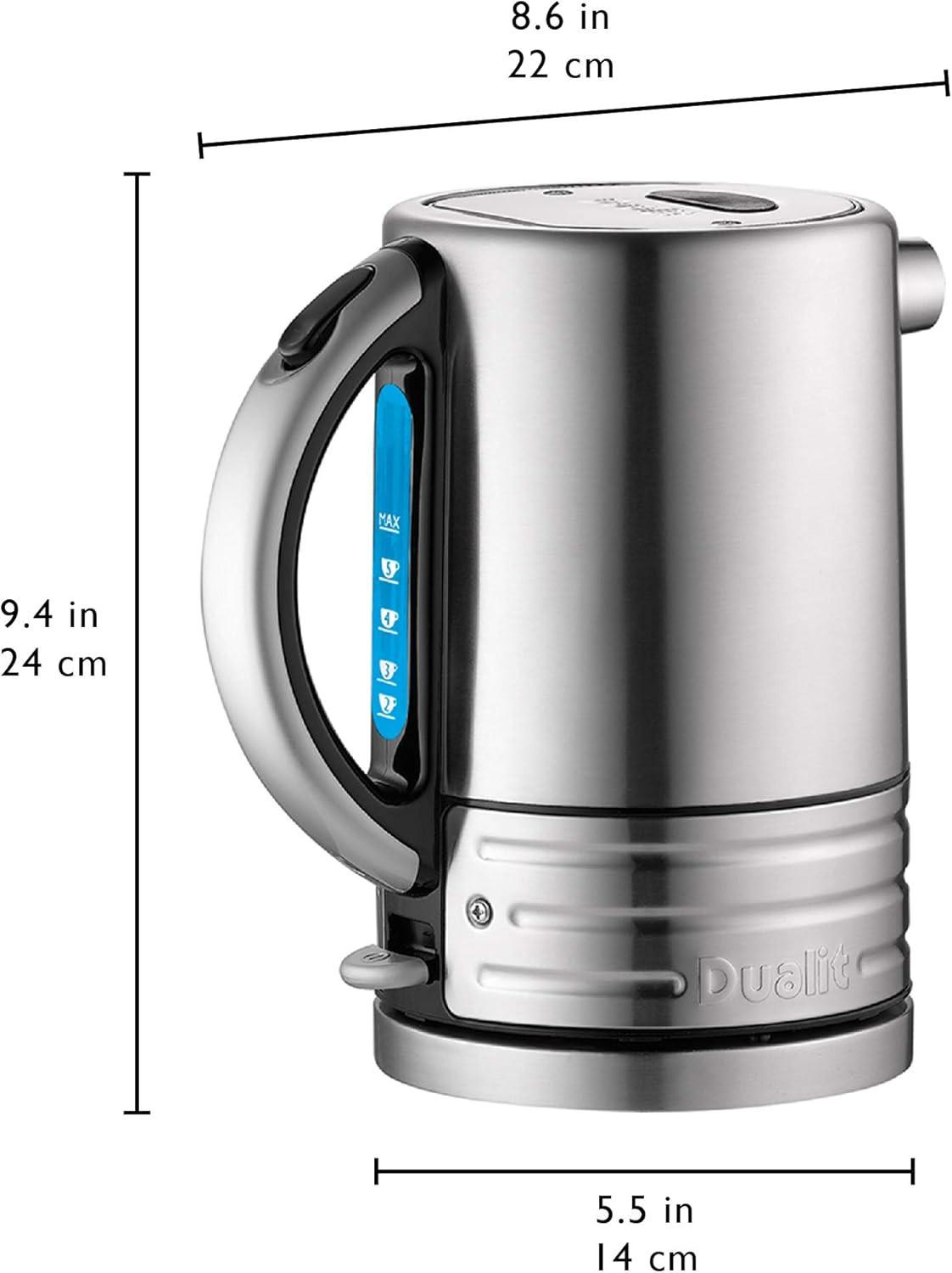 Stainless steel kettle with black handle and viewing window, with height dimensions