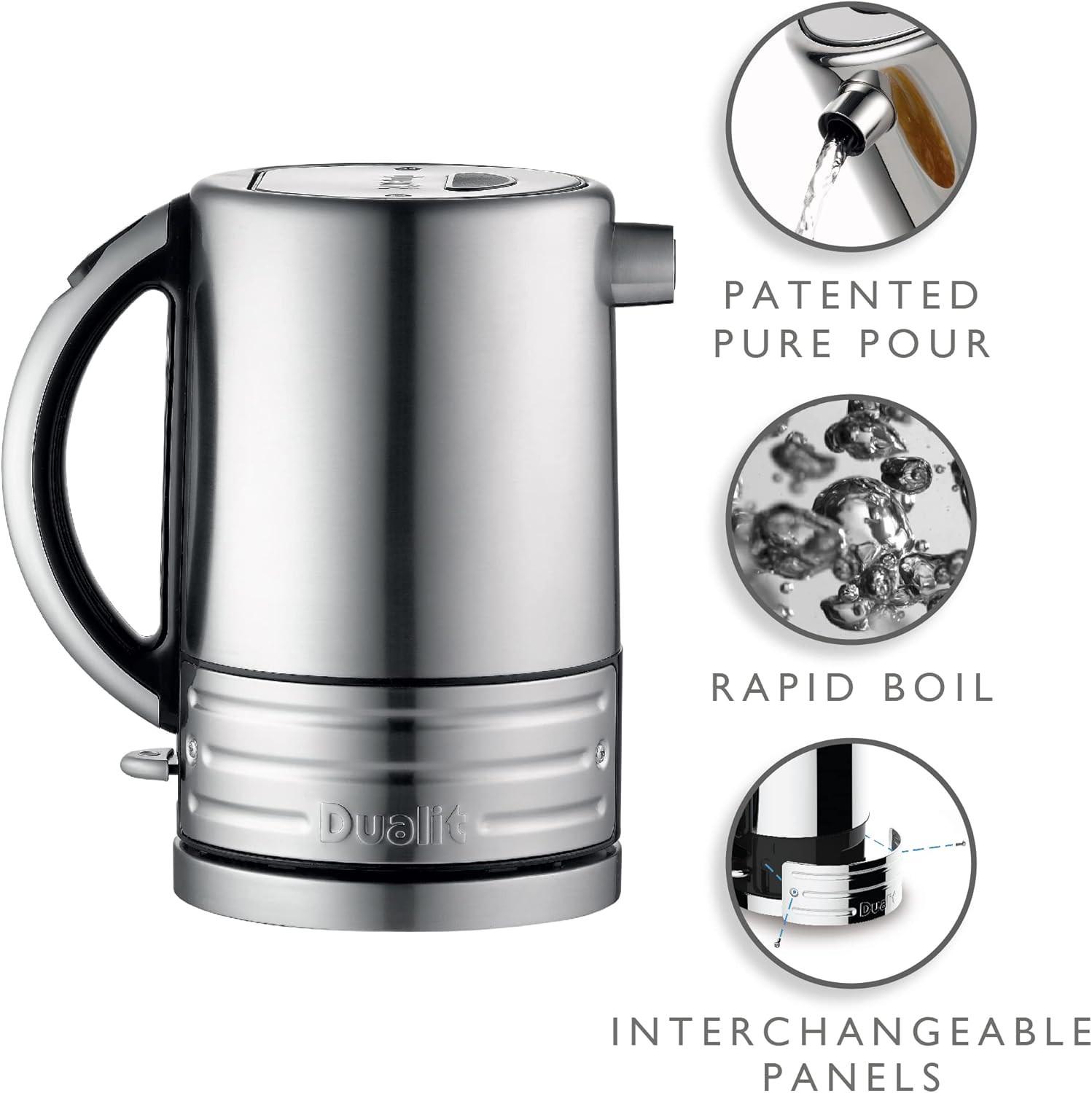 Stainless steel jug kettle with black handle, lid top, and ribbed base