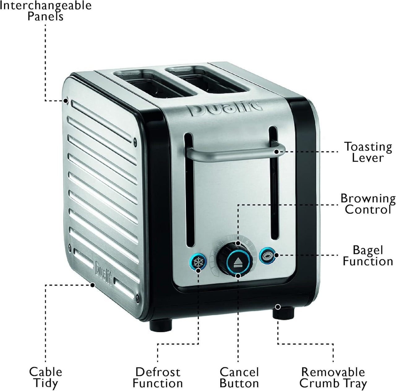 Black 2-slice toaster diagram labeling lever, controls, and removable crumb tray.