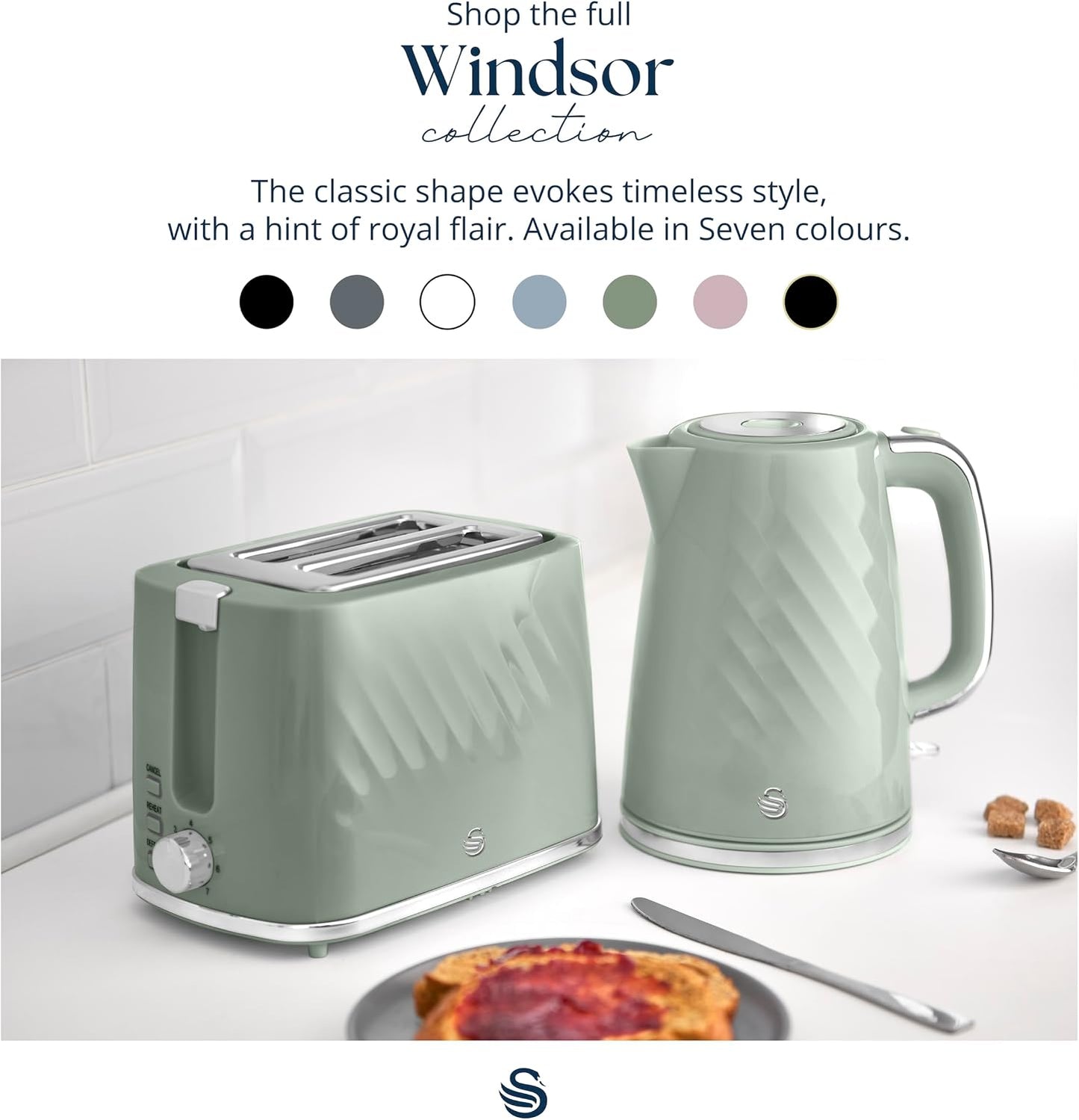 Swan Windsor Breakfast Essentials Bundle Kettle and Toaster Sage EEJB429