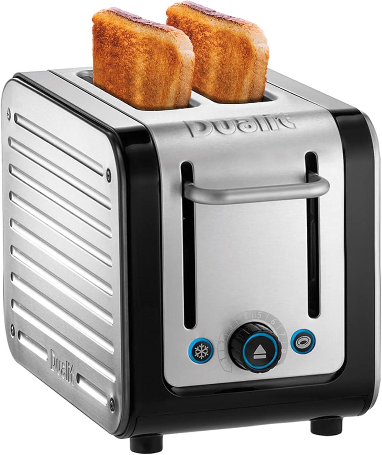 Black two-slice toaster with stainless panels, two slots, and control knobs.