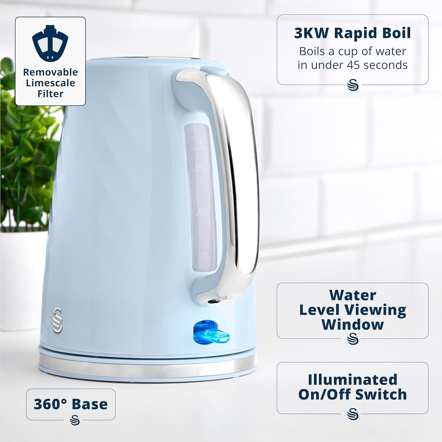 Swan Windsor Breakfast Essentials Bundle Kettle and Toaster Baby Blue EEJB431