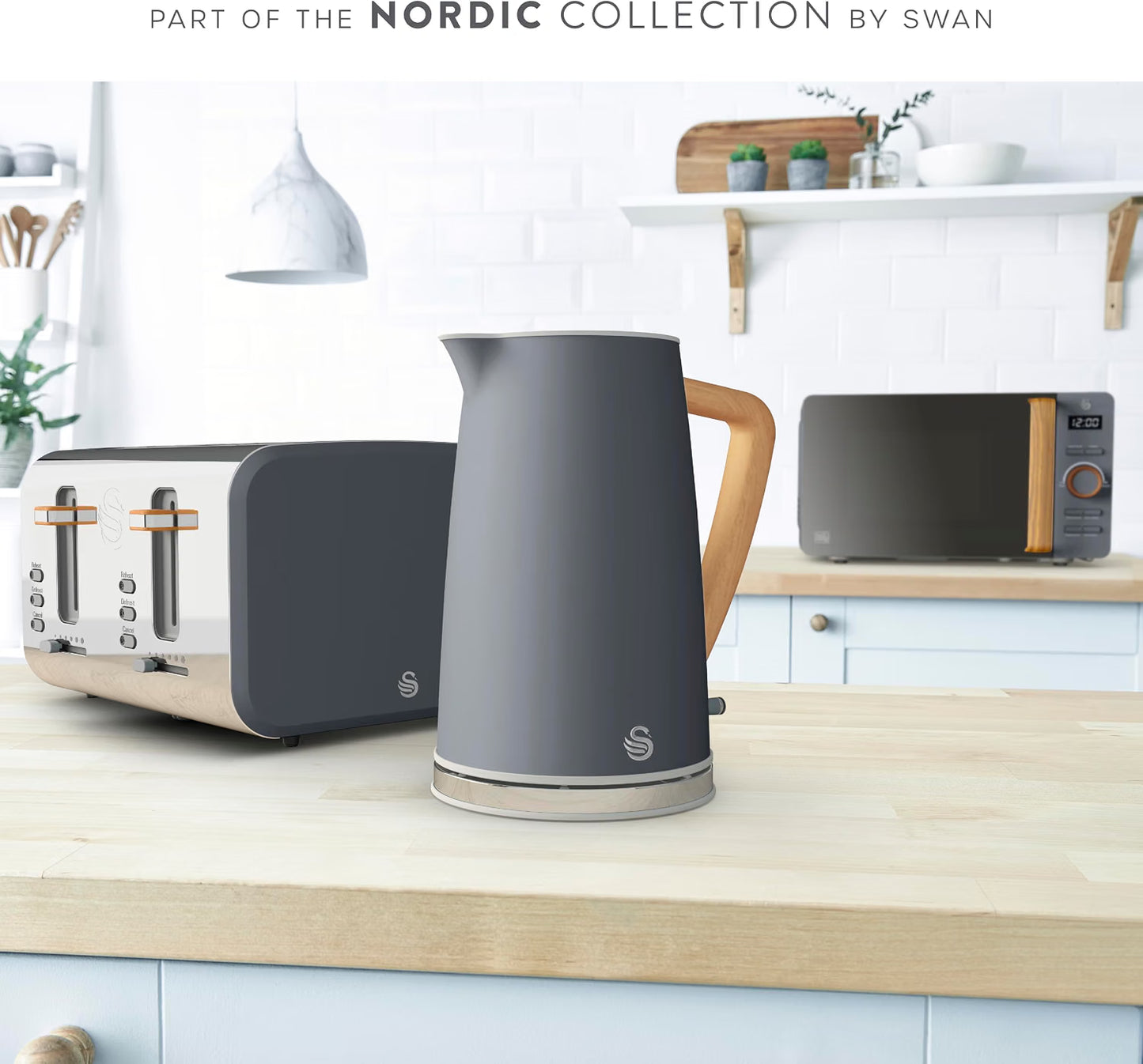 Swan Nordic Jug Kettle, 4 Slice Toaster & Microwave Kitchen Set (Grey)