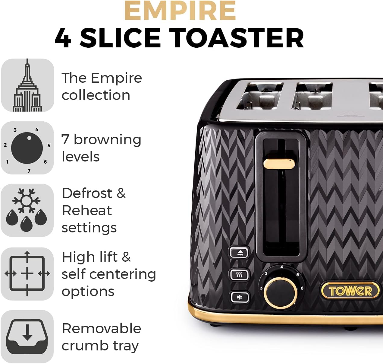 Tower Empire Kettle, 4 Slice Toaster & Bread Bin Kitchen Set (Black)