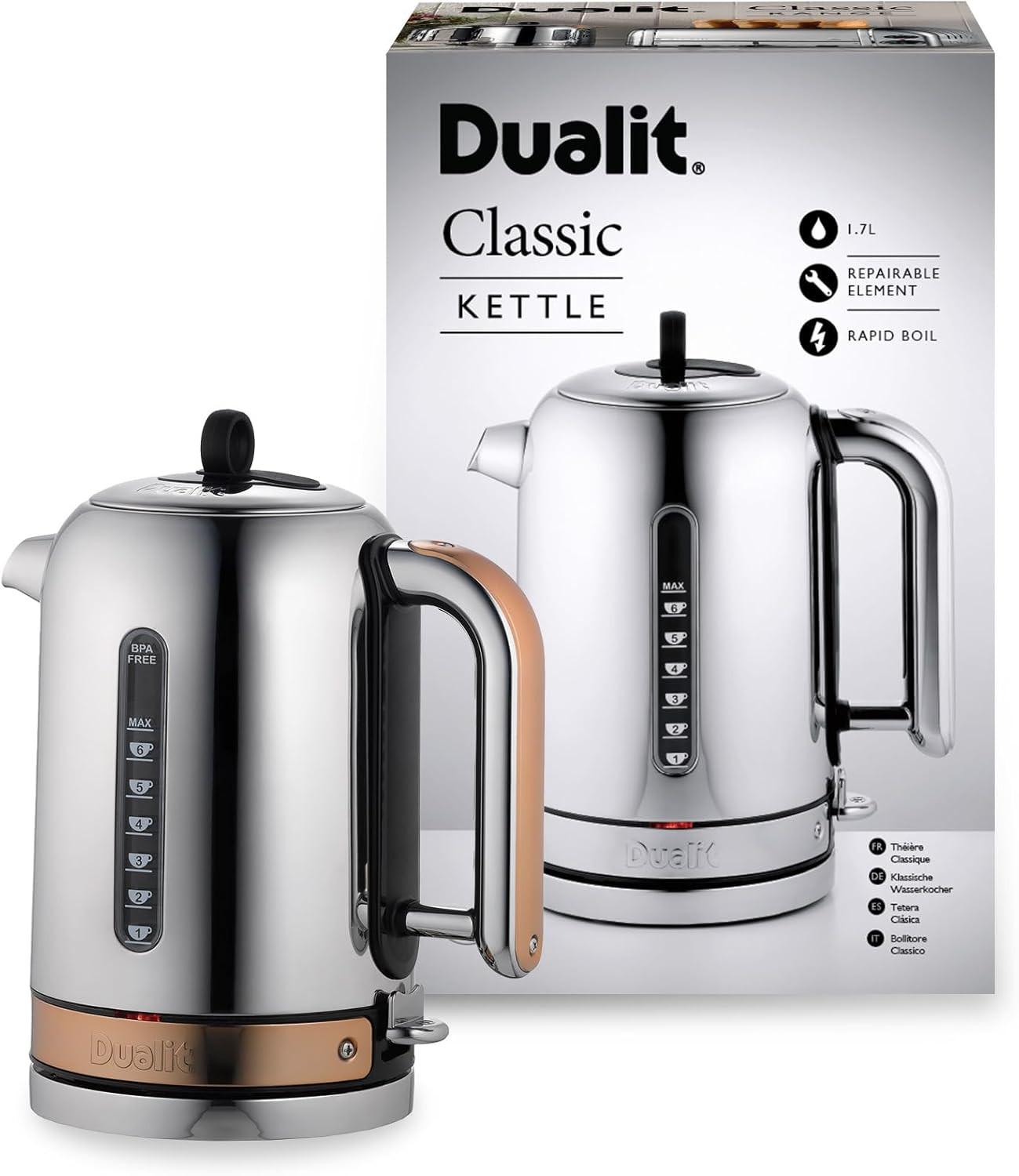 Stainless steel electric jug kettle with black lid and handle, copper trim and base
