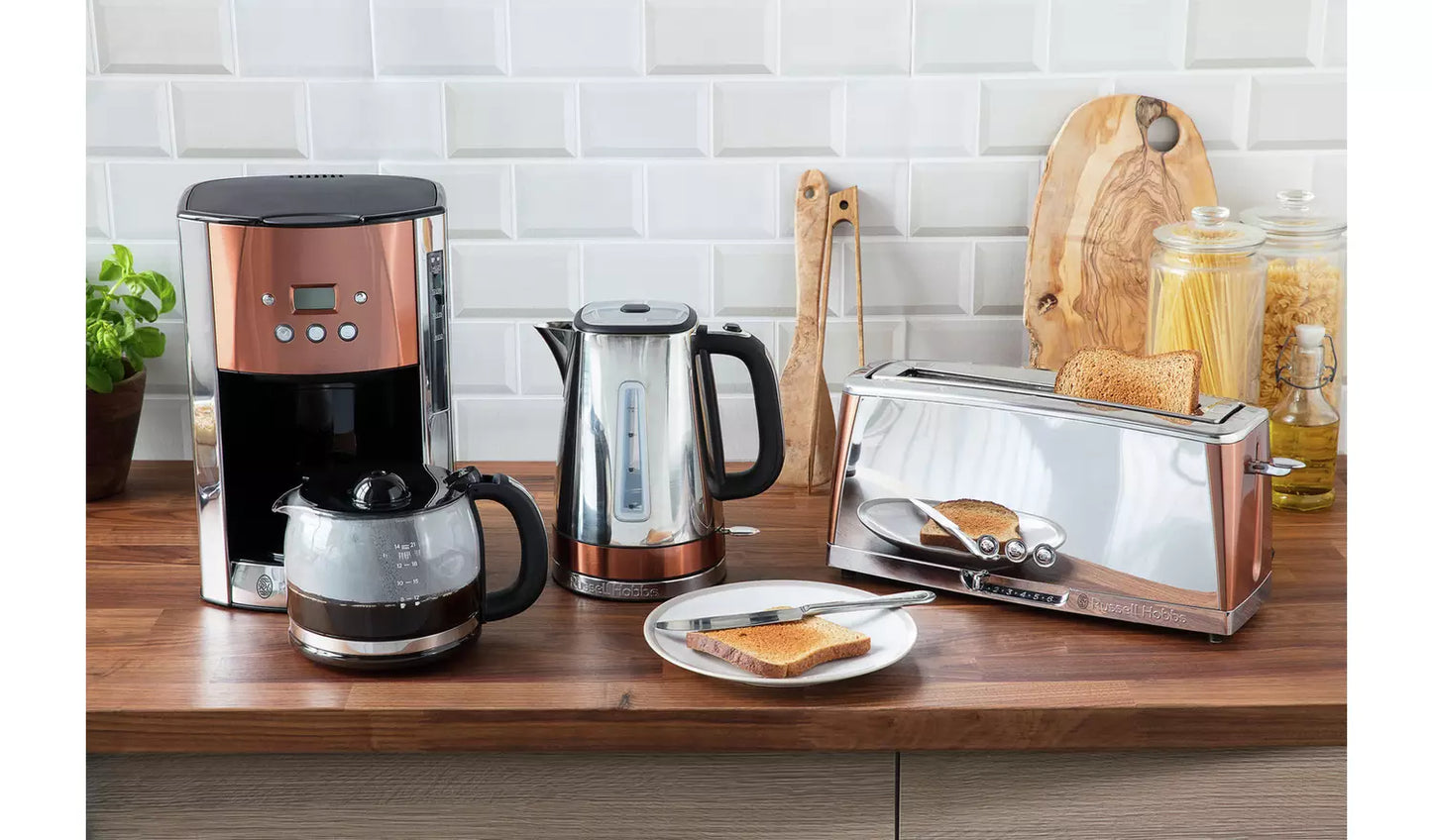 Russell Hobbs Luna Jug Kettle & 2 Slice Long Slot Toaster Kitchen Set (Copper) - Vibe Home