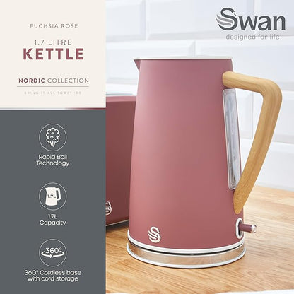 Swan Nordic Kettle & 4 Slice Toaster Kitchen Set Wood Accents (Fuchsia Rose)