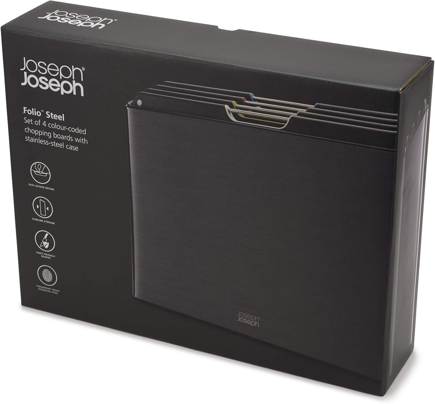 Joseph Joseph Folio 4-Piece Colour-Coded Chopping Board Set, Steel Slimline Case, Large, Carbon Black