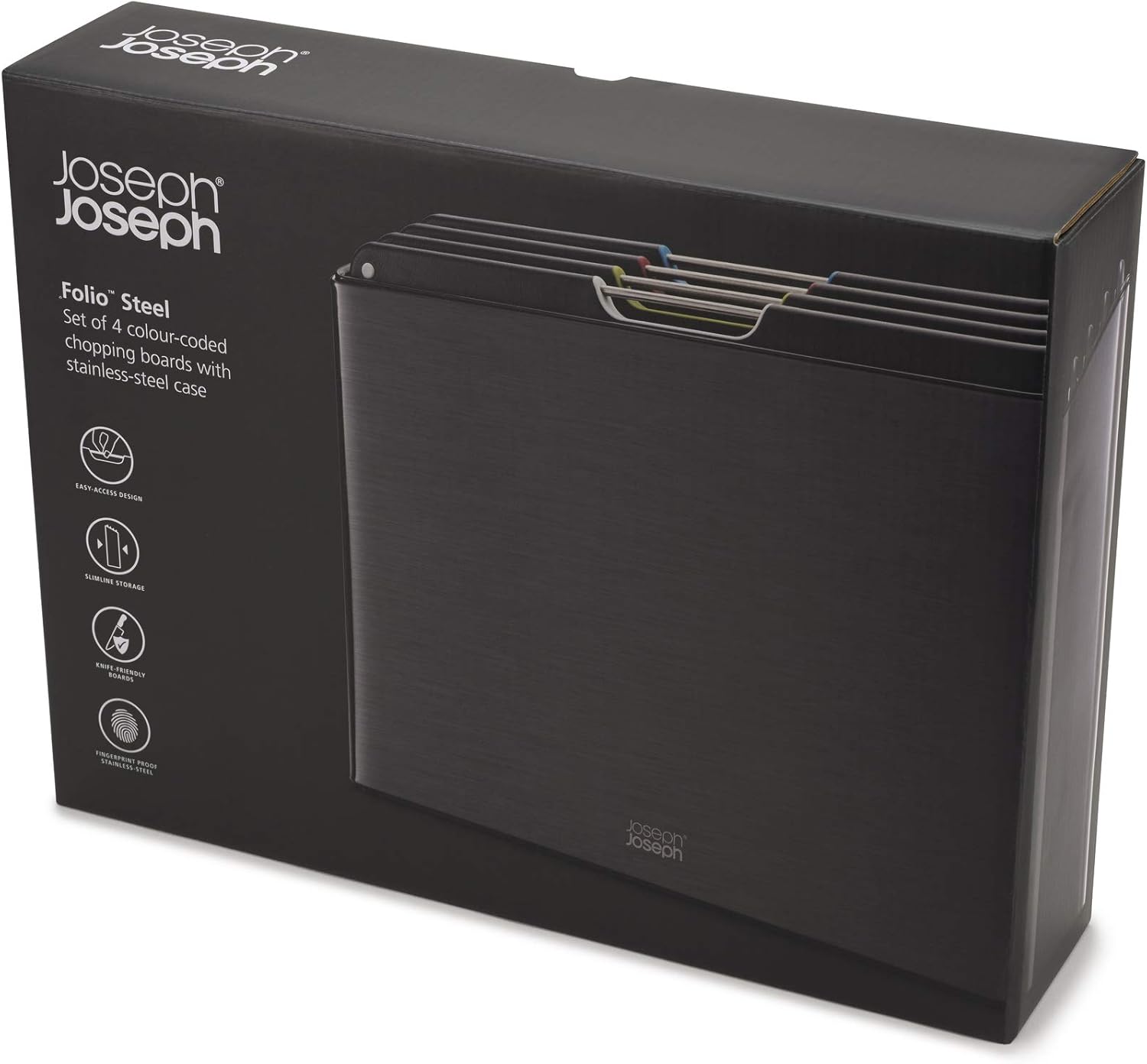 Joseph Joseph Folio 4-Piece Colour-Coded Chopping Board Set, Steel Slimline Case, Large, Carbon Black