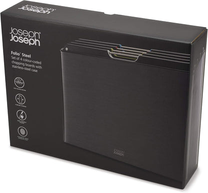 Joseph Joseph Folio 4-Piece Colour-Coded Chopping Board Set, Steel Slimline Case, Large, Carbon Black