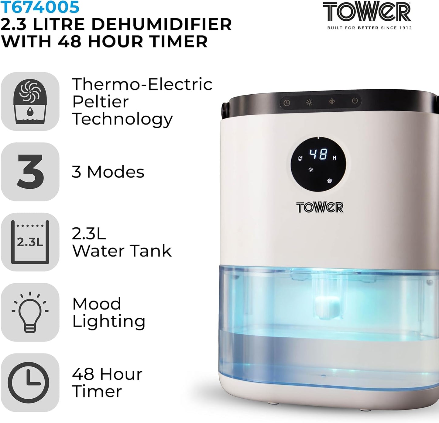 Tower Dehumidifier Removes Damp with Light & Timer White T674005