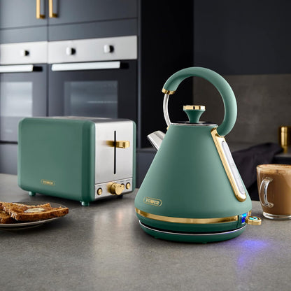 Tower Cavaletto Pyramid Kettle & 4 Slice Toaster Kitchen Set (Jade Green)