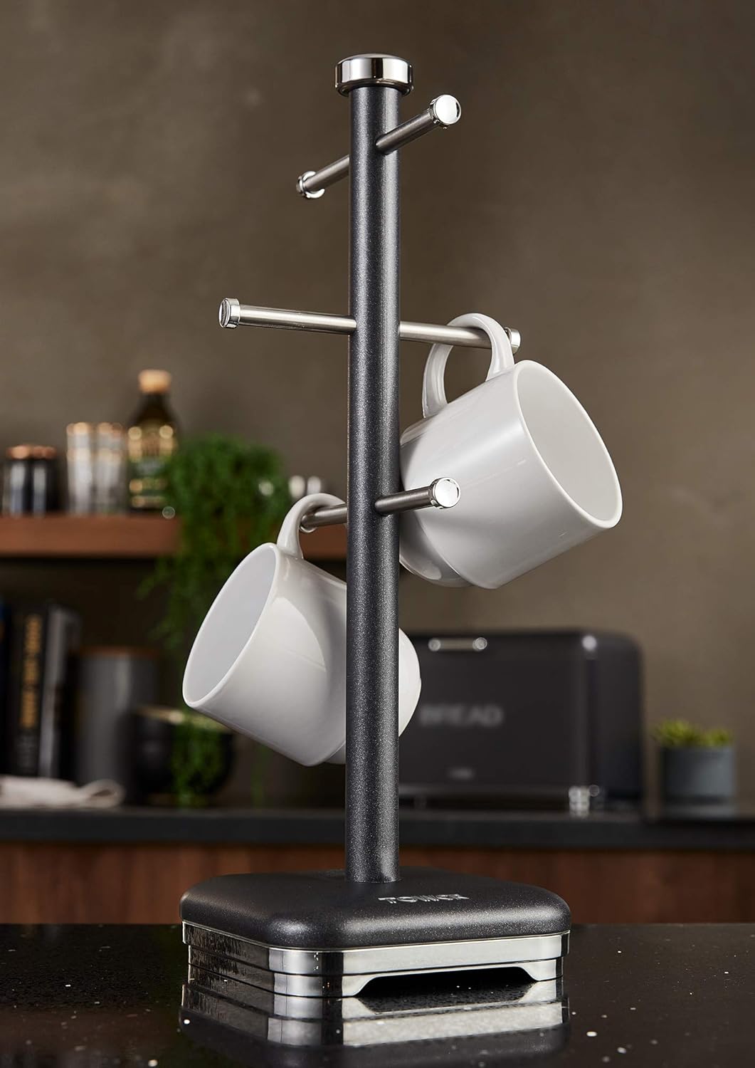 Tower T826016B Kitchen Tree, Glitz Range, 6 Cups Mug Stand, Steel, Noir, One Size