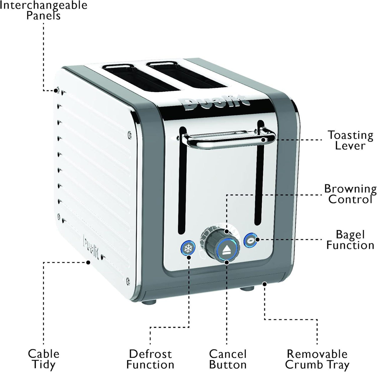 Grey Dualit Architect 2-slice toaster labeled controls, lever, and removable crumb tray
