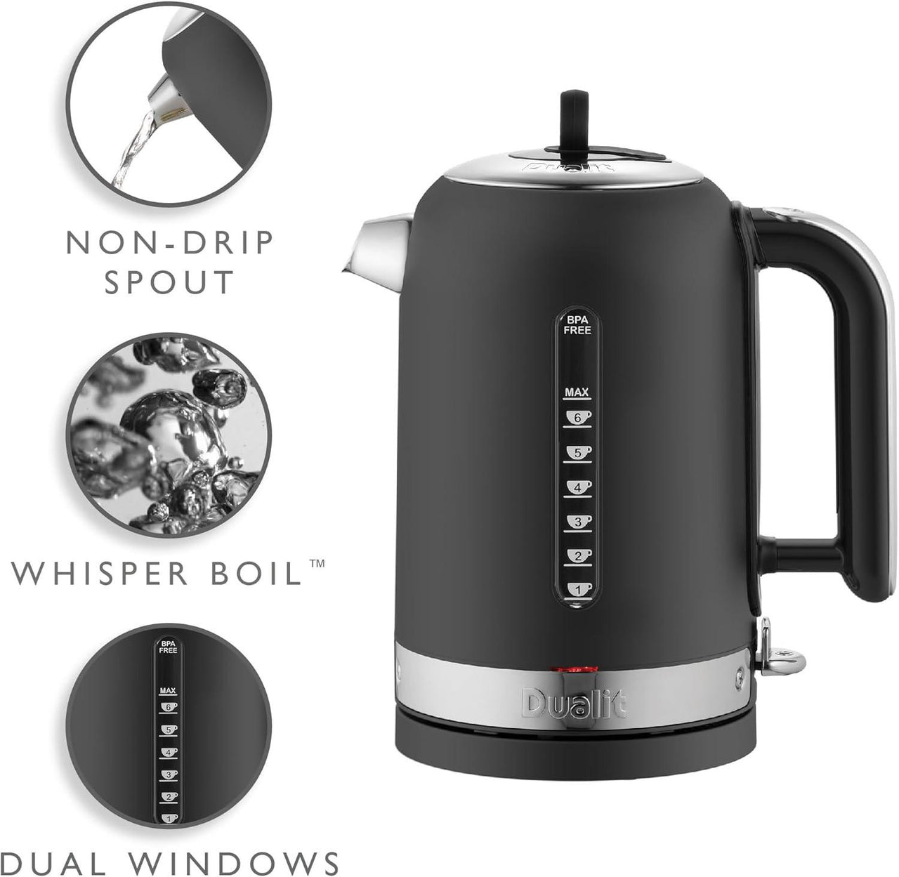 Matte black electric kettle with non-drip spout and dual viewing windows