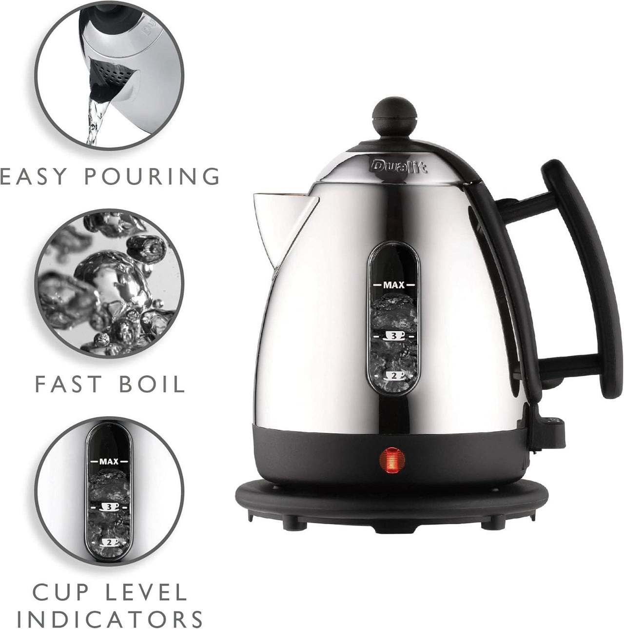 Stainless steel mini jug kettle with black handle and base, close-up water level indicator