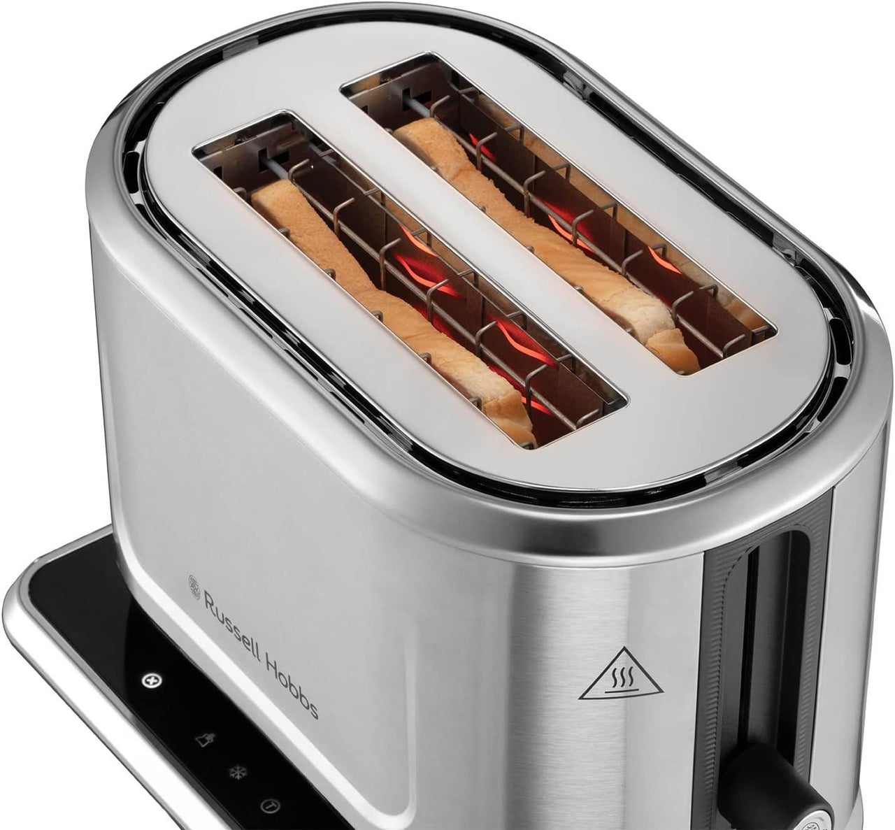 Russell Hobbs toaster top view showing two bread slots and heating elements