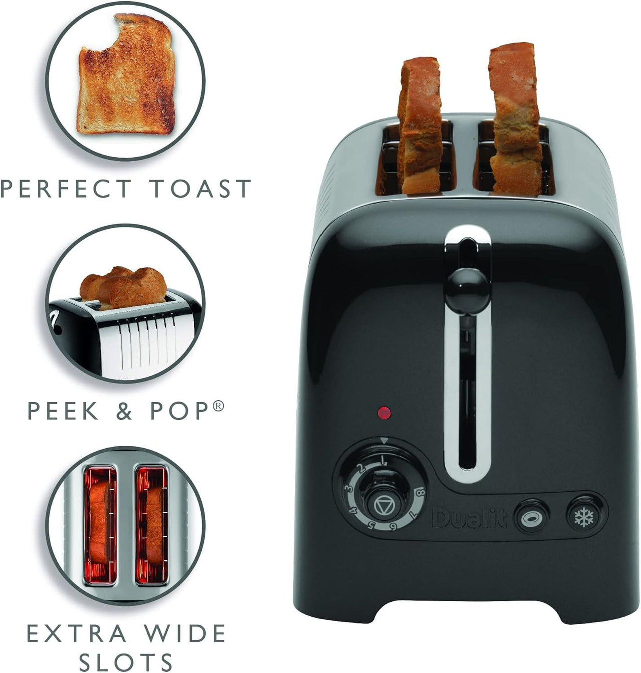 Black toaster with extra-wide slots; control panel and lever visible from front view