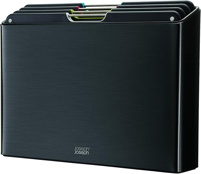 Joseph Joseph Folio 4-Piece Colour-Coded Chopping Board Set, Steel Slimline Case, Large, Carbon Black