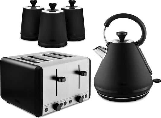 Tower Sera Kettle, 4 Slice Toaster & Canisters Kitchen Set (Black)