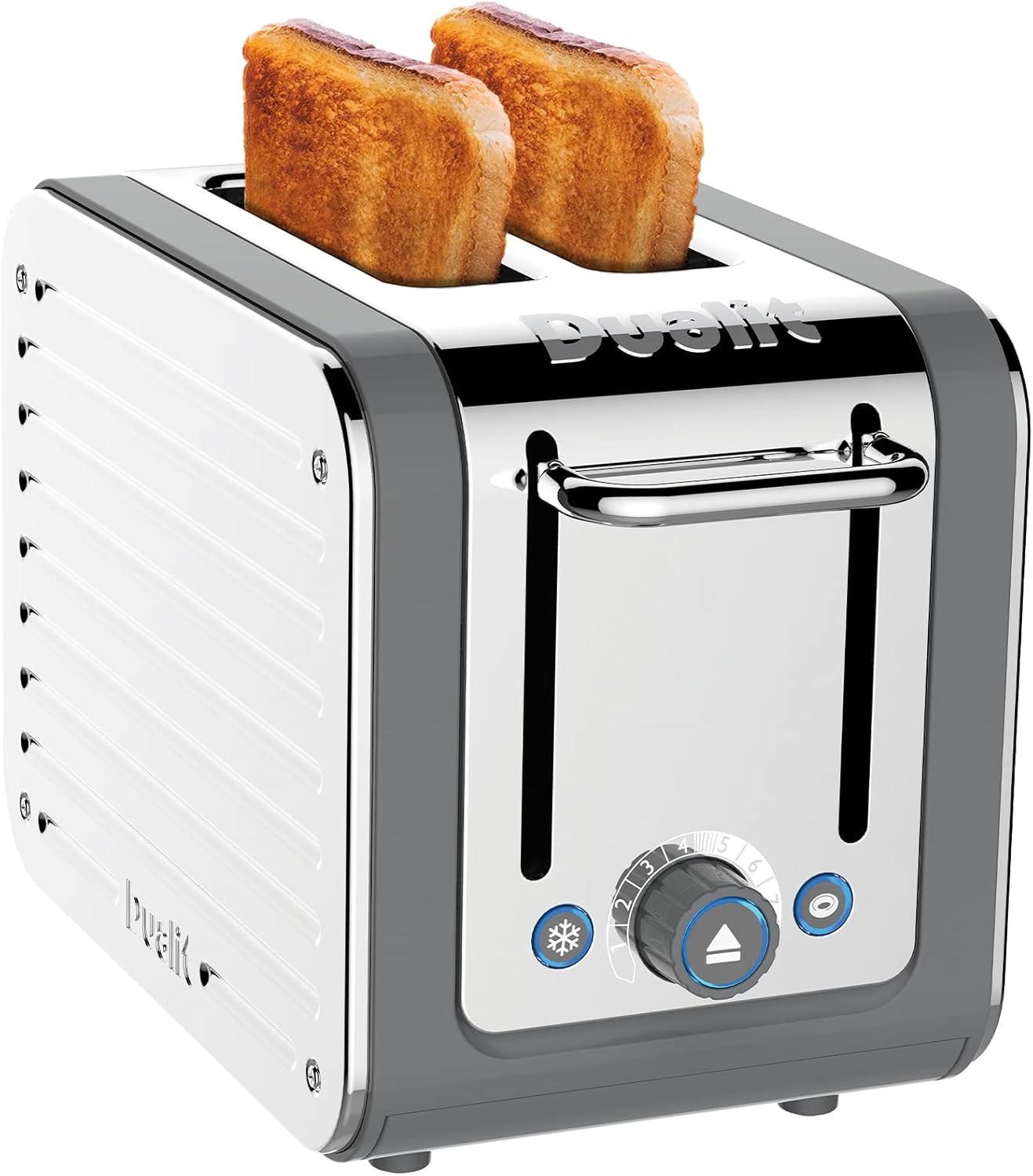 Grey Dualit Architect 2-slice toaster with chrome sides and two bread slots