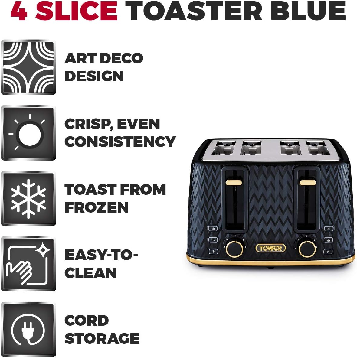 Tower Empire Kettle, 4 Slice Toaster, Canisters, Mug Tree & Towel Pole Kitchen Set (Midnight Blue)