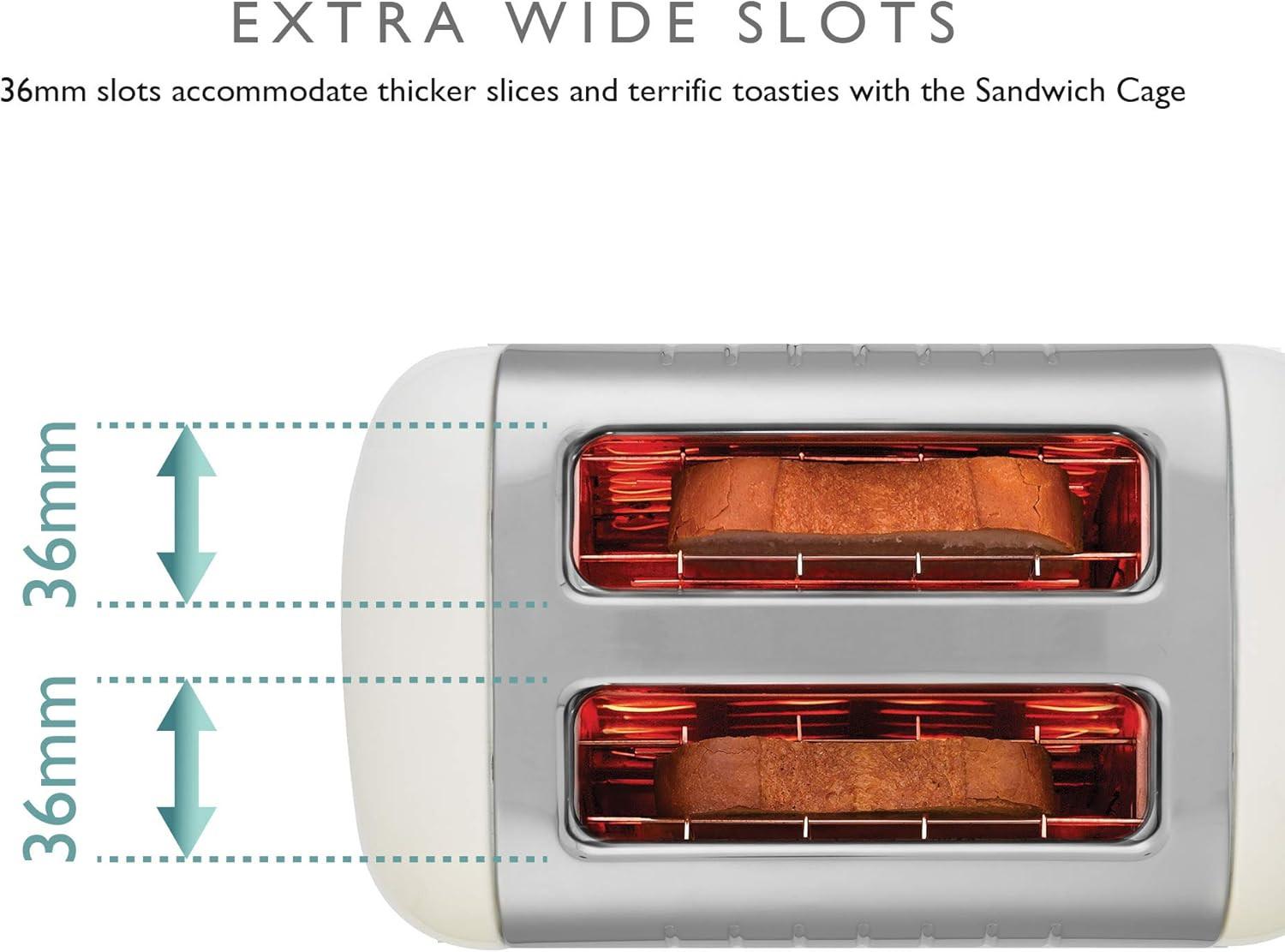 White Dualit Lite toaster showing two extra-wide slots with glowing heating elements