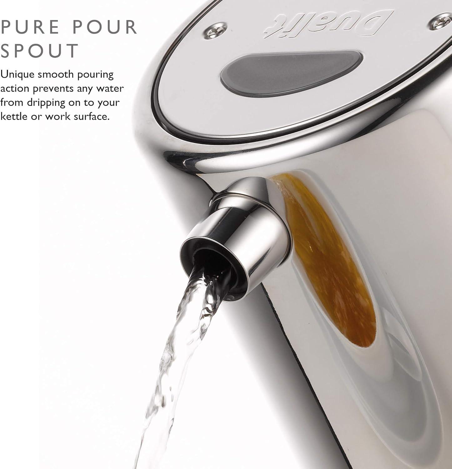 Close-up of stainless kettle spout pouring stream from brushed metal nozzle