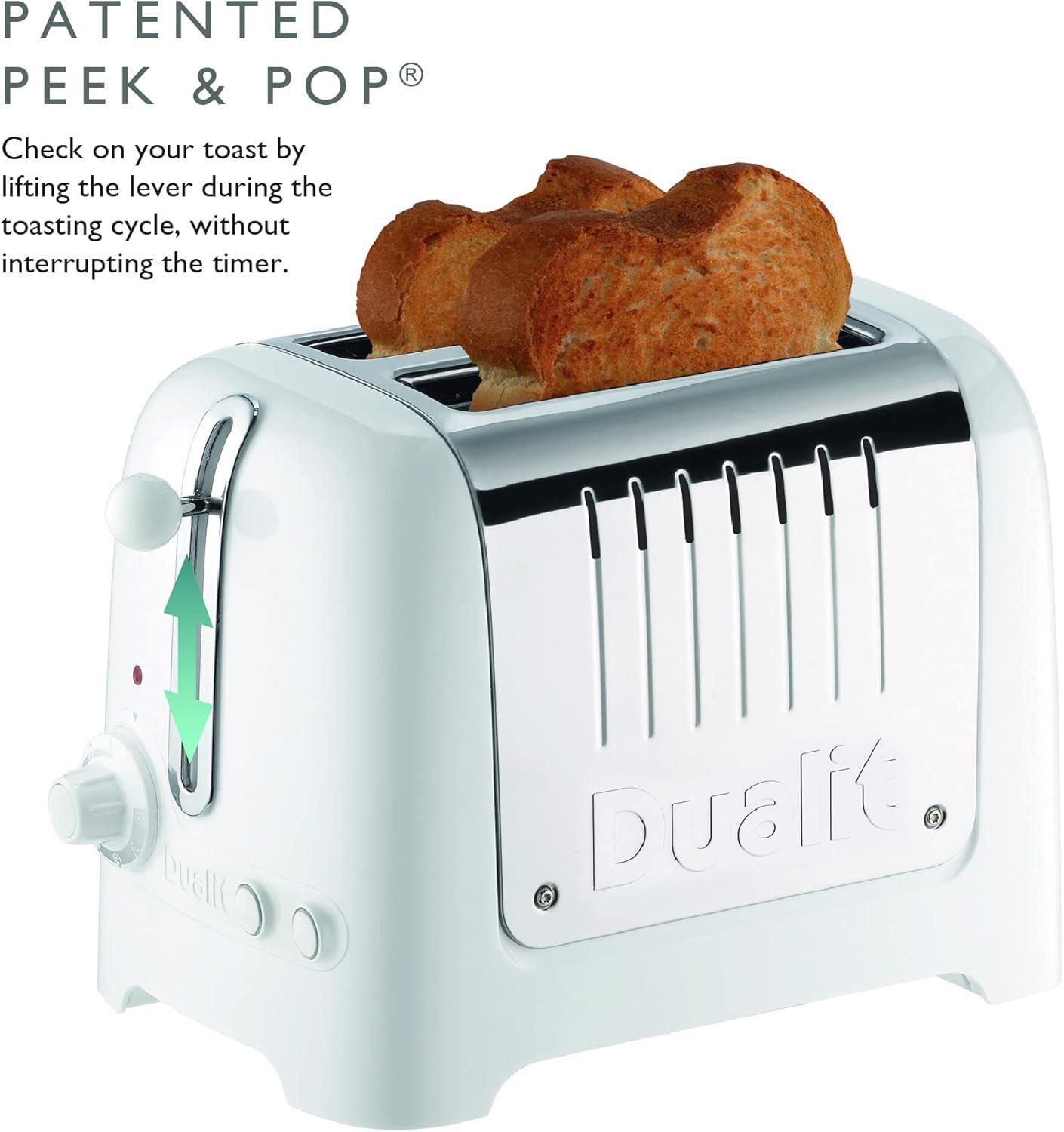 White Dualit Lite toaster with bread in slots and lift lever arrows, angled view