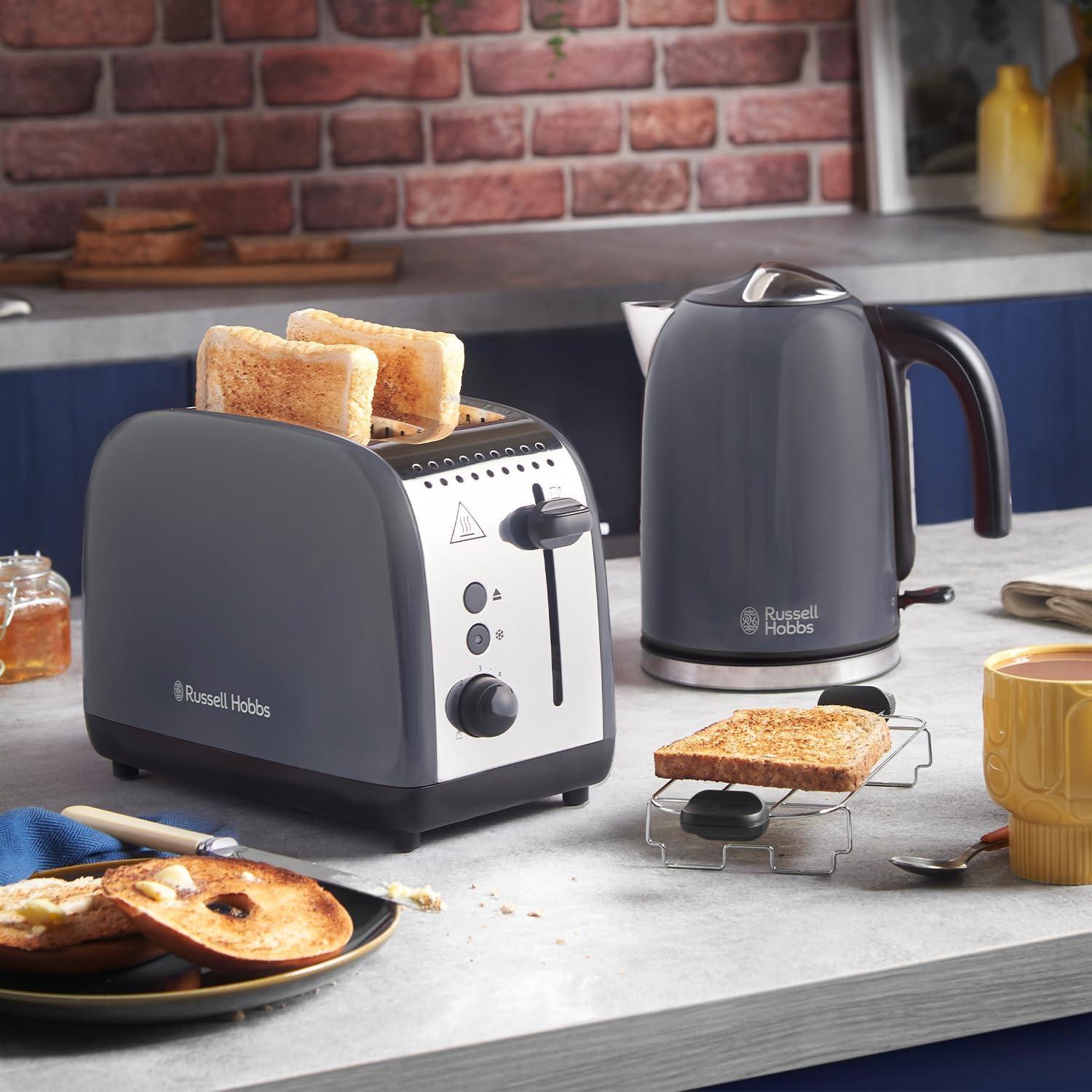 Grey Russell Hobbs 2-slice toaster with upright lever and toasting bread