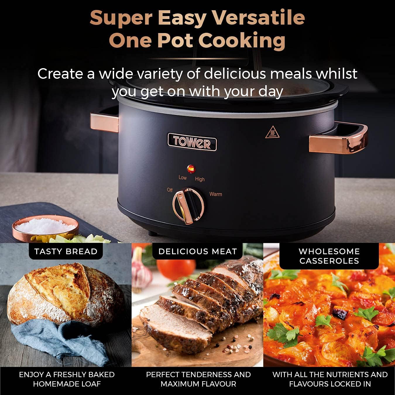 Tower Cavaletto 3.5 Litre Slow Cooker with Modern Stylish Accents T16042BLK (Black)