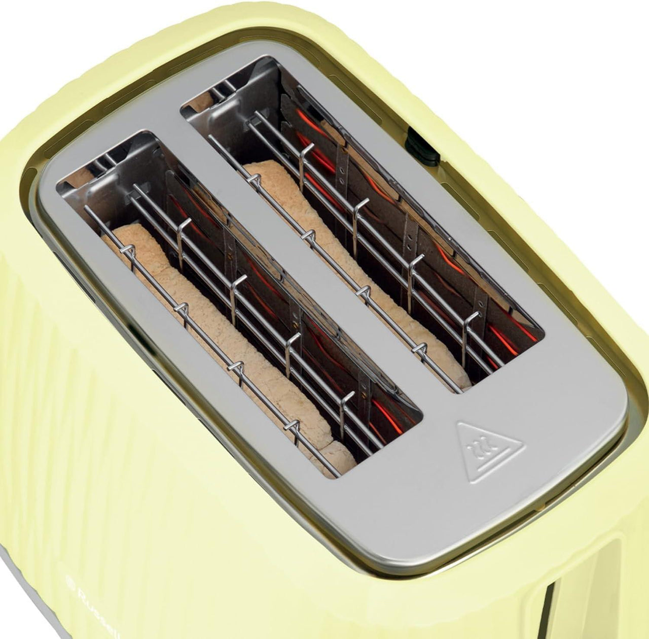 Lemon 2-slice toaster with open twin slots and exposed heating elements