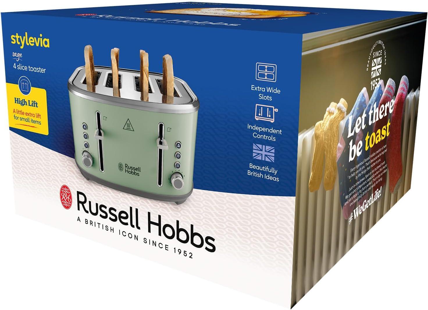 Russell Hobbs Stylevia 4-slice toaster box in sage color packaging