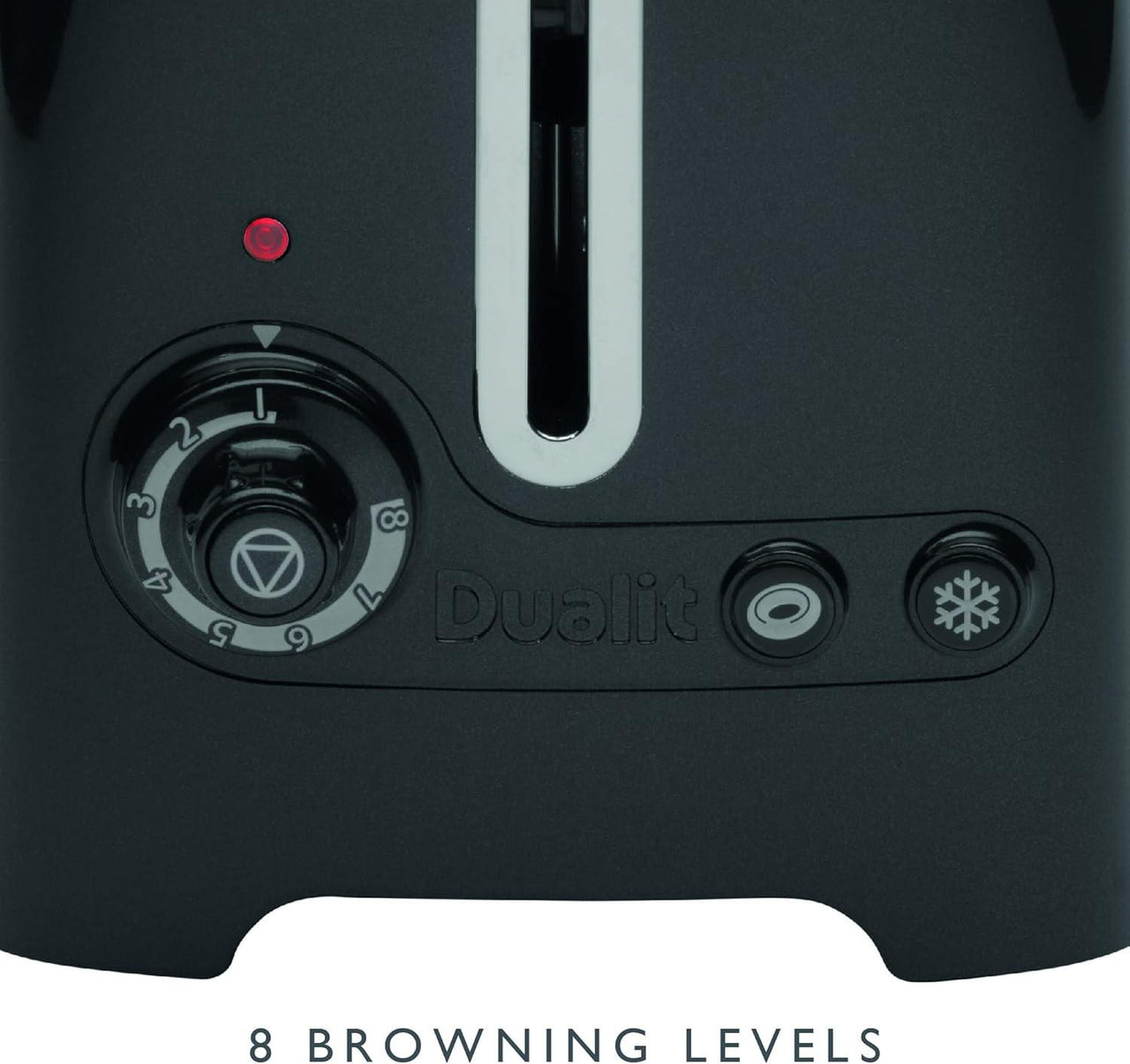 Black toaster base with browning dial, control buttons, and snowflake icon