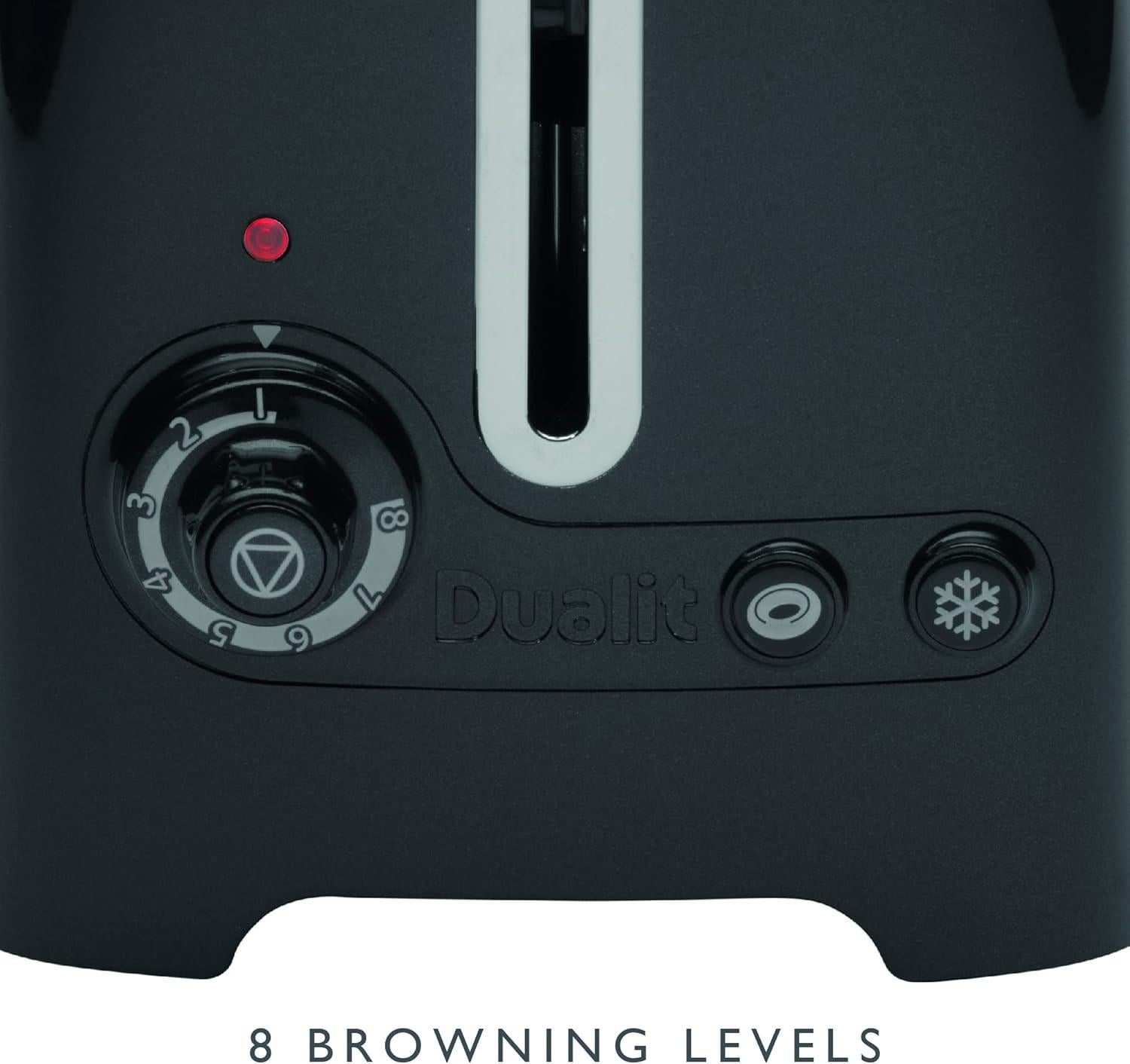 Black toaster base with browning dial, control buttons, and snowflake icon