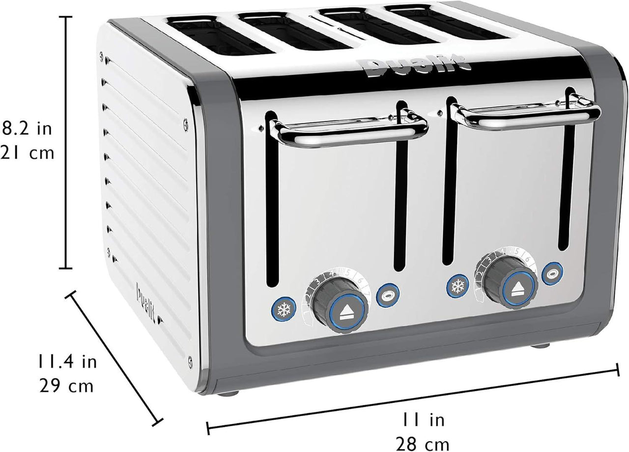Grey Dualit 4-slice toaster front view with chrome levers and browning controls