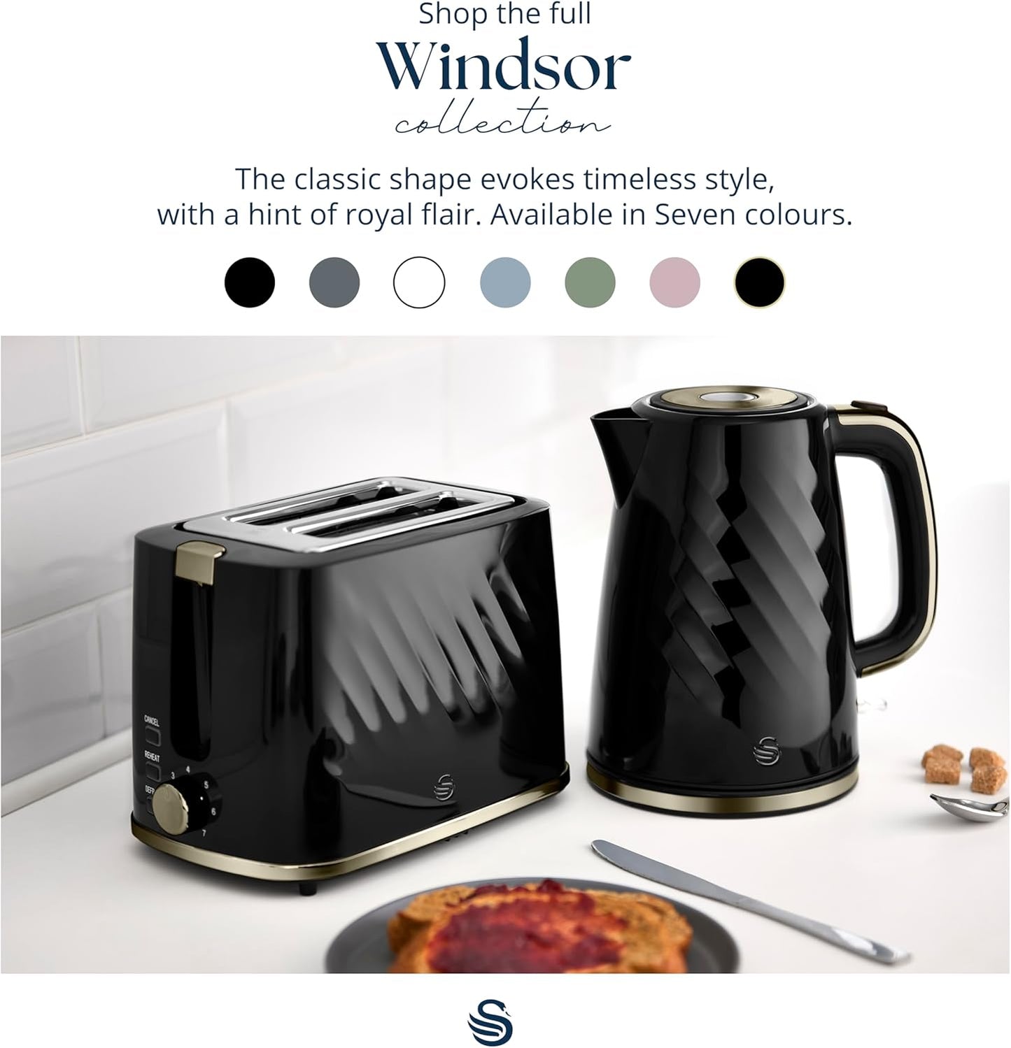 Swan Windsor Textured Kettle & 2 Slice Toaster Set (Black/Gunmetal Brass Trim)