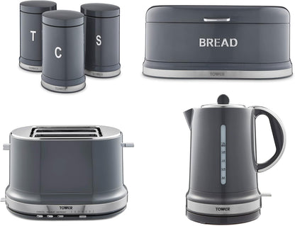 Tower Belle Grey Kitchen Set - Kettle, Toaster, Bread Bin & Canisters