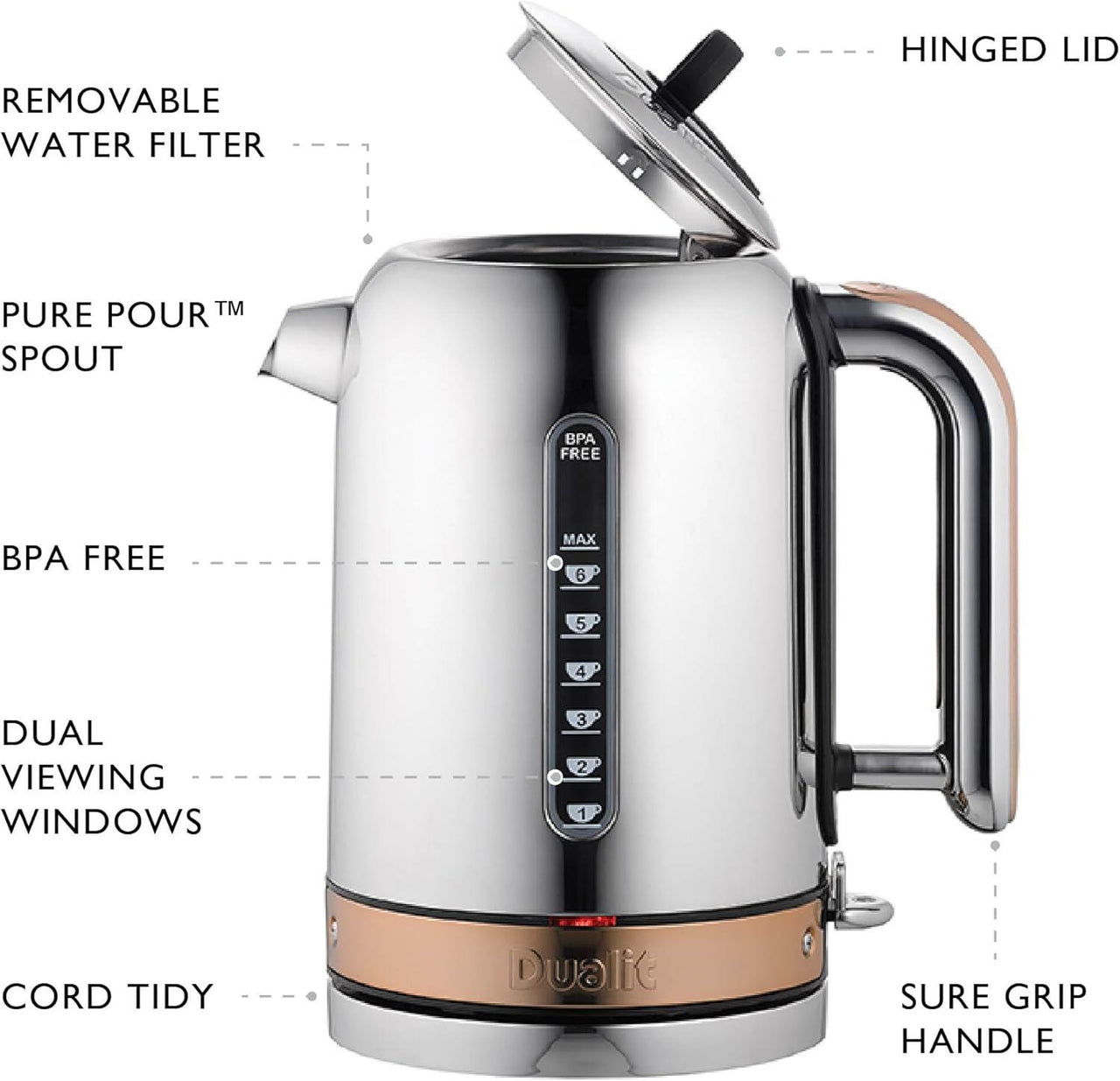 Stainless steel jug kettle with copper trim and labeled features: hinged lid and removable filter