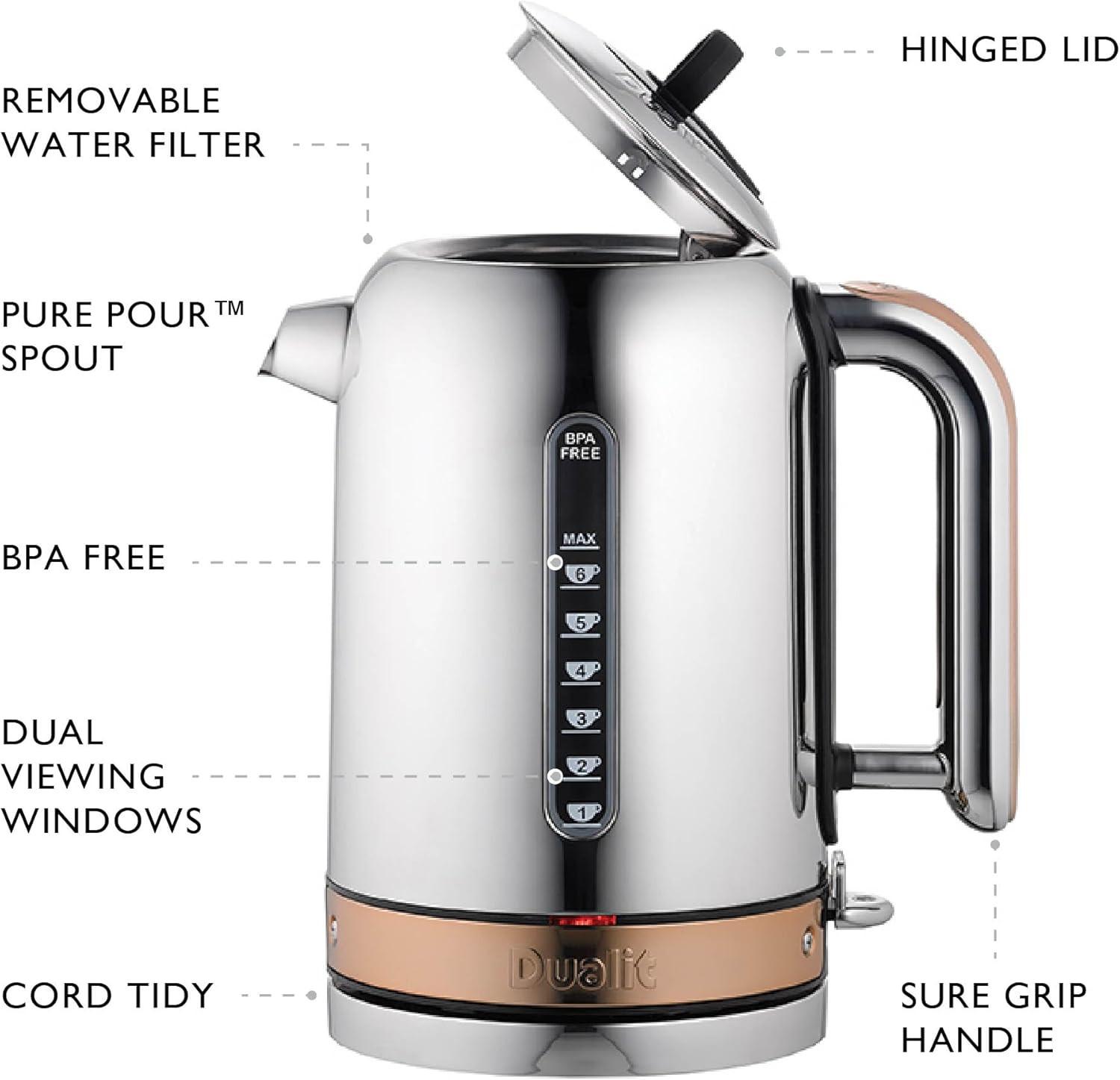 Stainless steel jug kettle with copper trim and labeled features: hinged lid and removable filter