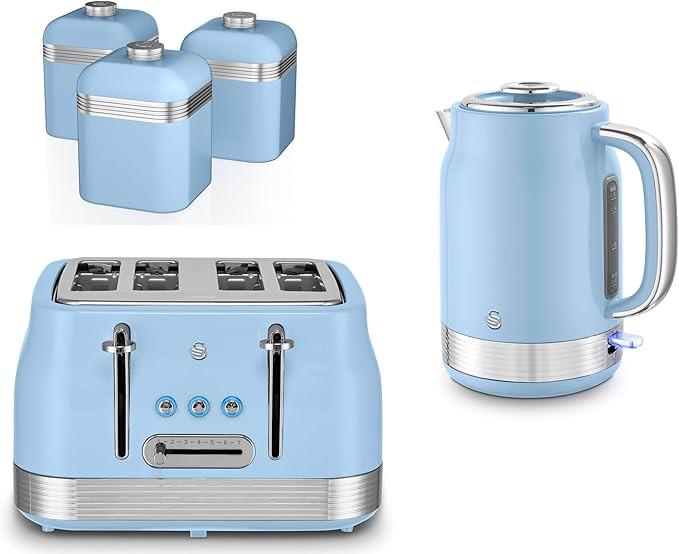 Swan Retro Jug Kettle, 4 Slice Toaster & Canisters Kitchen Set (Blue) - Vibe Home