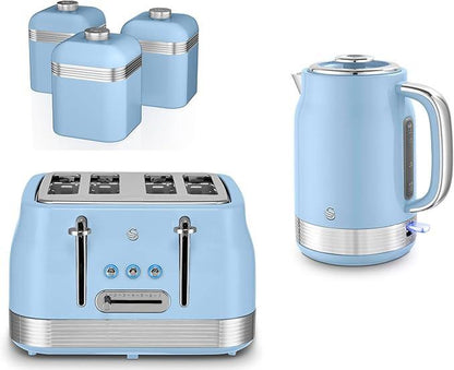 Swan Retro Jug Kettle, 4 Slice Toaster & Canisters Kitchen Set (Blue) - Vibe Home