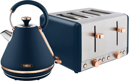 Tower Cavaletto Pyramid Kettle & 4 Slice Toaster Kitchen Set (Midnight Blue) - Vibe Home