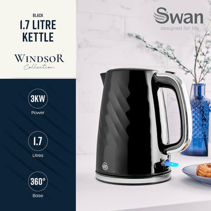 Swan Windsor Jug Kettle & 2 Slice Toaster Kitchen Set (Black)